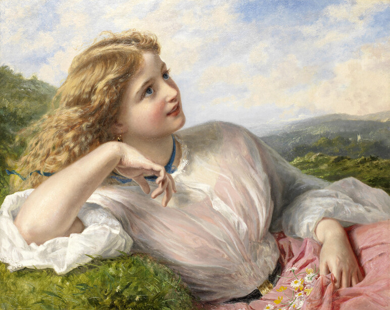Illustration of a young woman in classical dress reclining on grass, gazing upward toward a distant mountainous landscape.