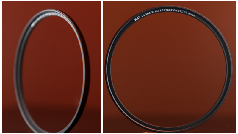 Two camera lens protection filters shown side-by-side against a brown background.