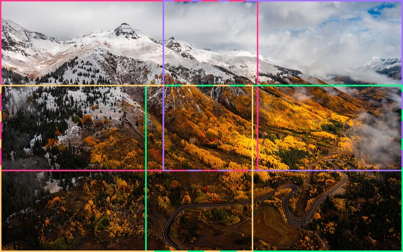 Grid overlay composition of snowy mountain peaks and golden autumn forest landscape.