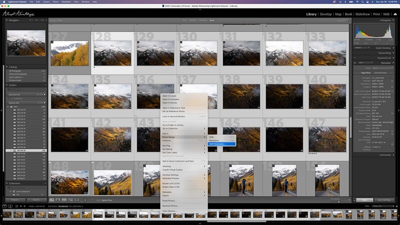 Screenshot of Lightroom library module showing grid view of landscape photography with autumn mountain scenes.