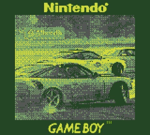 Graphic illustration of racing cars in Game Boy's classic lime-green and dark pixel art style.