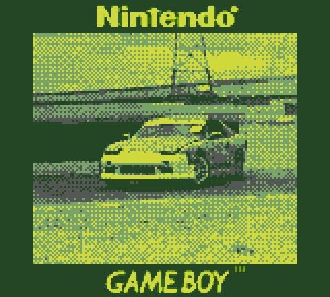 Game Boy screenshot graphic displaying a yellow race car on a green pixelated track.