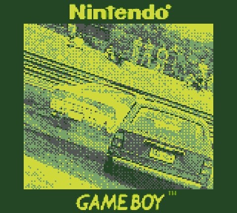 Game Boy packaging artwork featuring a yellow car rendered in pixelated 8-bit graphics style.