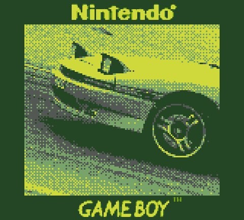 Retro Game Boy illustration of a yellow sports car with stylized dithering and halftone dot pattern.