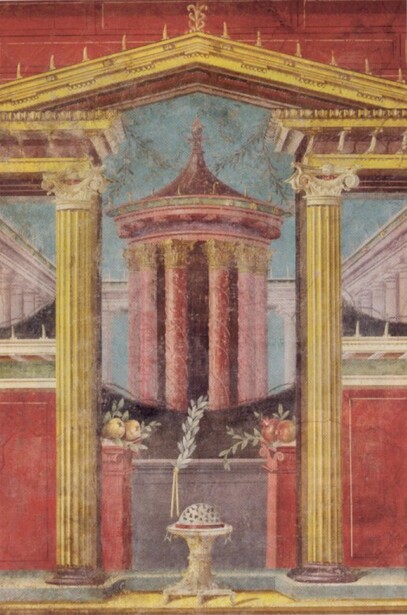 Roman-style fresco depicting a red cylindrical temple with golden columns and a blue sky background.