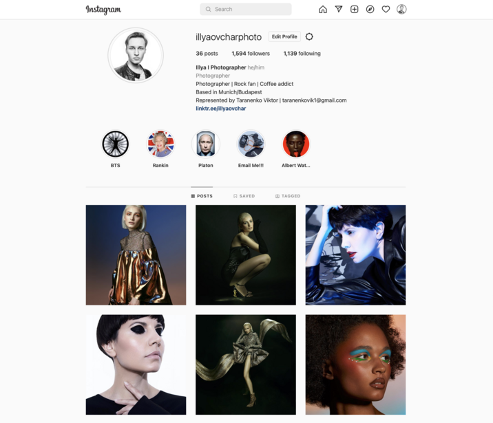 Screenshot of a photography portfolio profile page displaying a grid of portrait and figure photography samples.