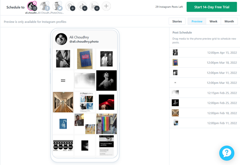 Screenshot of Instagram scheduling tool showing a photographer's grid of black and white and color portrait images.