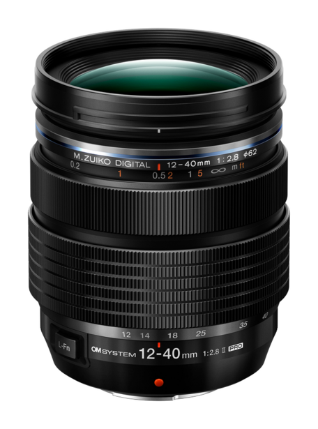 Olympus M.Zuiko Digital 12-40mm f/2.8 Pro zoom lens with teal-tinted front element.