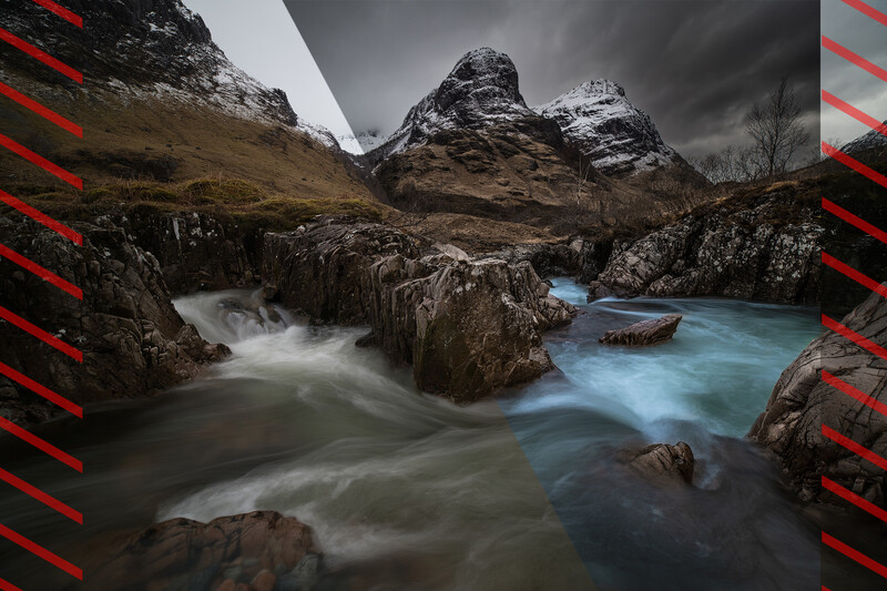 Mountain river flowing over rocks with snow-capped peaks and stormy sky in background.
