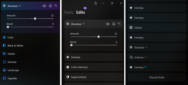 Screenshot of photo editing software showing Structure adjustment panel with Amount and Boost sliders.