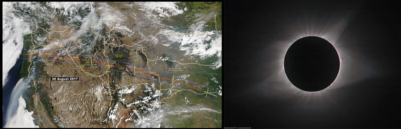 Satellite map dated August 20, 2017 showing mountainous terrain with weather systems, paired with a total solar eclipse photograph.