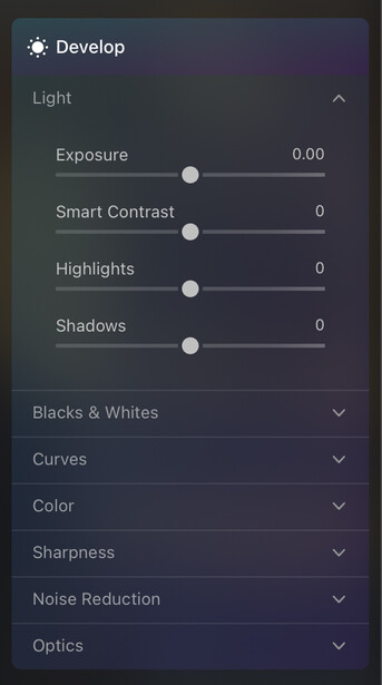 Screenshot of Develop panel in photo editing software showing Light adjustment controls.