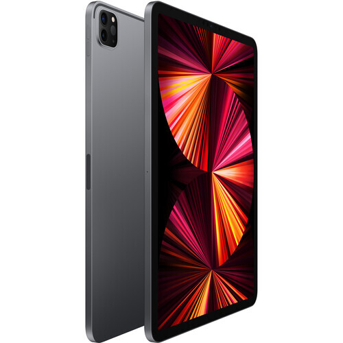 Tablet device with space gray finish displaying vibrant red and orange radial gradient pattern on screen.