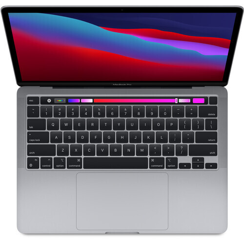 Screenshot of a laptop computer with colorful gradient display wallpaper and keyboard visible from above.