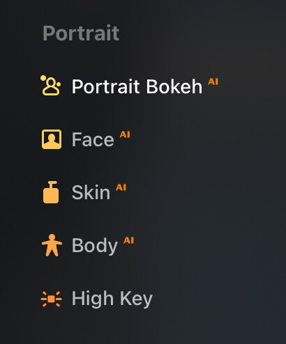 Screenshot of Portrait Bokeh AI software menu showing editing options for portrait photography.