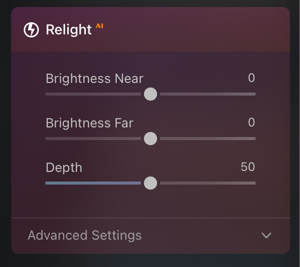 Screenshot of Relight AI panel showing brightness and depth adjustment sliders.