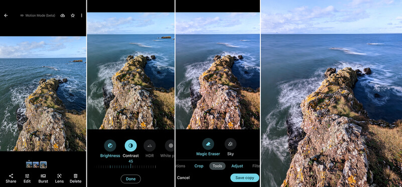 Screenshot of photo editing interface showing coastal rock formation with editing panels and adjustment tools visible.