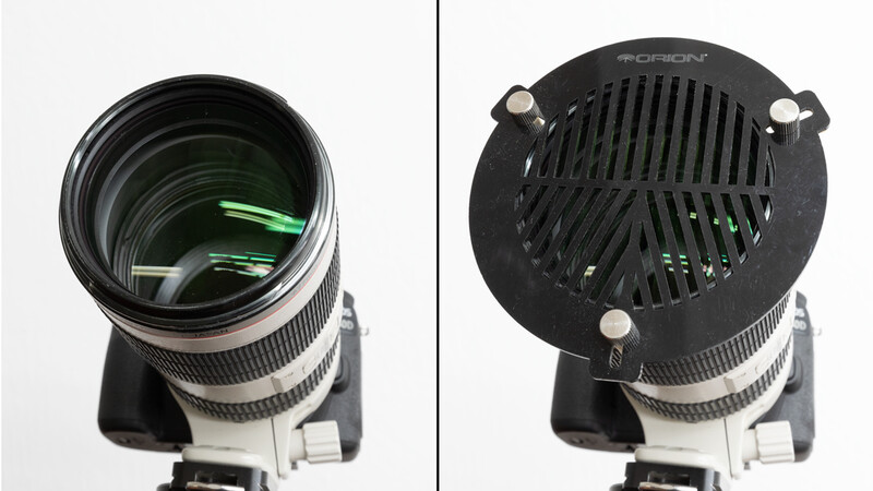 Telephoto lens shown from front and rear views, displaying glass elements and mechanical shutter mechanism.