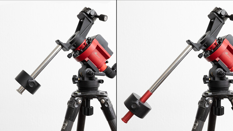 Red telescope mount shown in two positions demonstrating counterweight adjustment and balance.