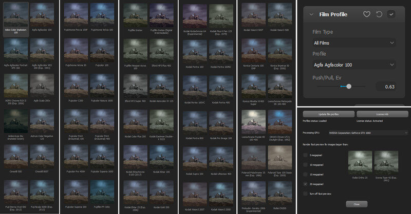 Screenshot of a photo editing software interface showing a grid of landscape images with color grading presets applied.