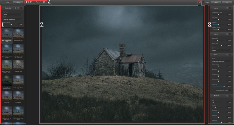 Screenshot of photo editing software showing an abandoned stone house on a hill under stormy skies.