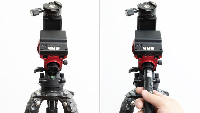 Motorized pan-tilt head mounted on tripod, shown before and after grip adjustment.