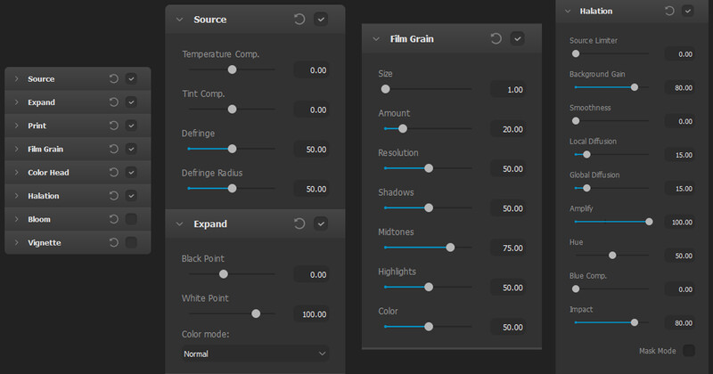 Screenshot of video color grading software showing Source, Film Grain, and Hadaston adjustment panels with sliders.