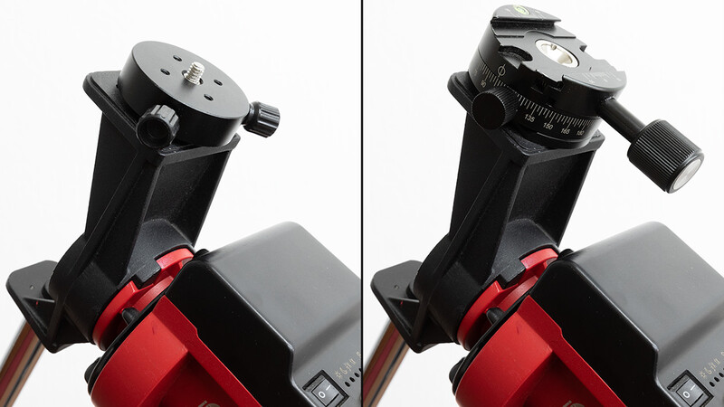 Ball head tripod mount shown in two positions: closed with vertical adjustment knob, and open with panning handle extended.