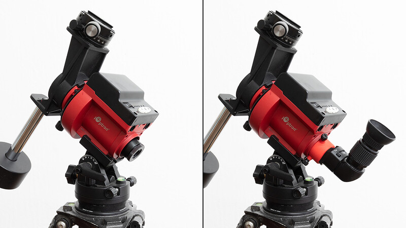 Red equatorial telescope mount shown in two positions demonstrating adjustment flexibility.