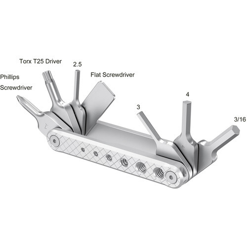 Illustration of a multi-tool with labeled components including screwdrivers, hex keys, and a flat screwdriver blade.