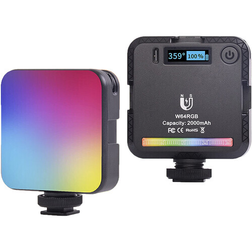 Two compact LED light panels displayed side-by-side, one showing full-spectrum RGB gradient and one showing control interface with digital display.