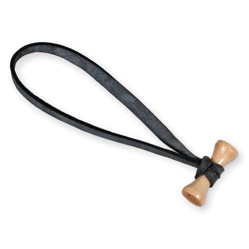 Black leather camera strap with wooden attachment hardware and adjustment knot.