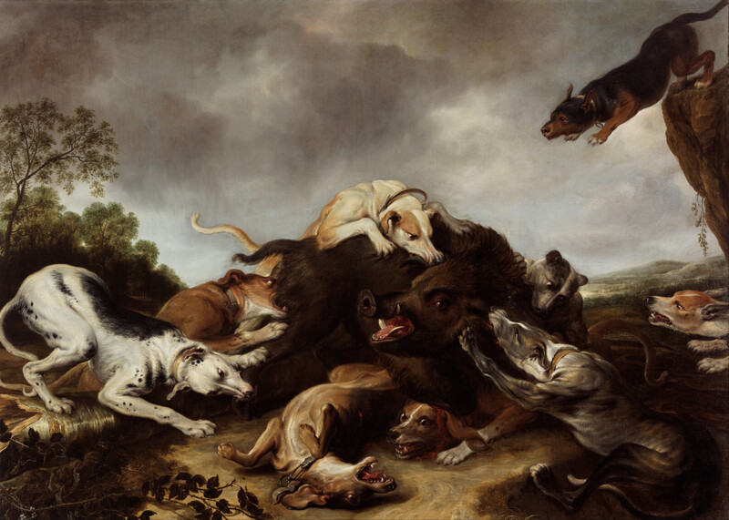 Painting of dogs fighting over prey in a dramatic landscape with stormy sky.