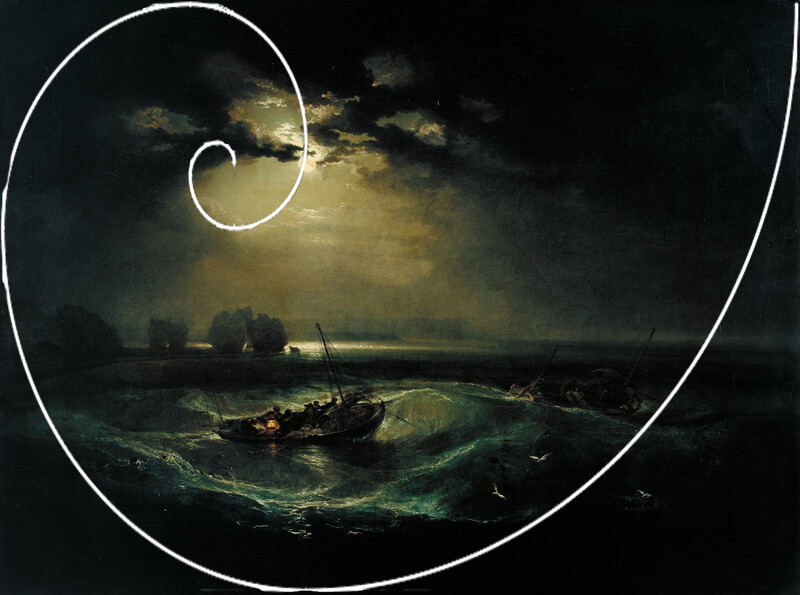 Illustration of a dramatic seascape with boats illuminated by golden light breaking through dark storm clouds.