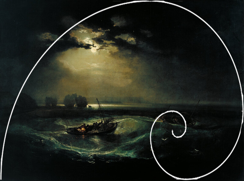 Dramatic seascape with moonlit sky and turbulent waves, compositionally framed by a spiral nautilus shell overlay.