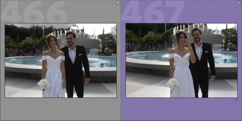 Wedding couple posing by a poolside with classical architecture in background, shown in two color-graded versions.