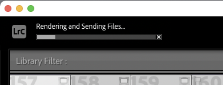 Screenshot of LRC software showing a rendering and file-sending progress dialog with a library filter interface.