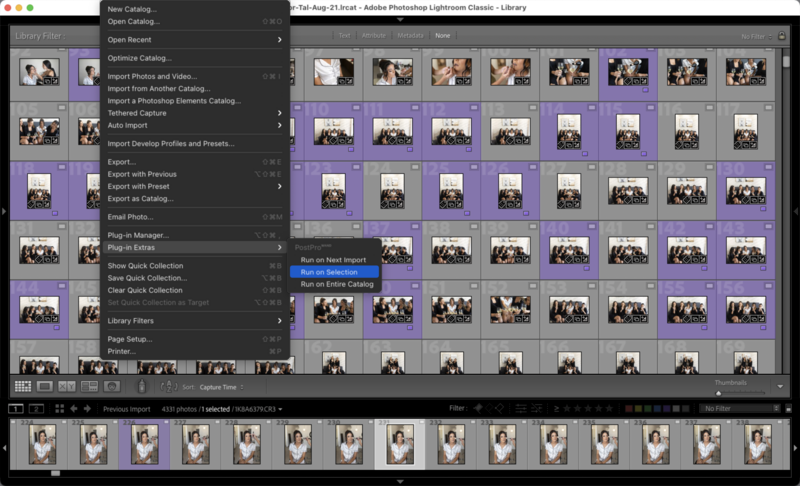 Screenshot of Adobe Lightroom library module showing catalog organization with multiple thumbnail grids and a left-side menu panel.