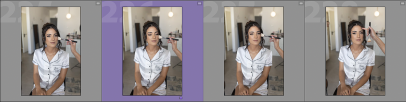 Four contact sheet frames showing a woman in white shirt during makeup application process.