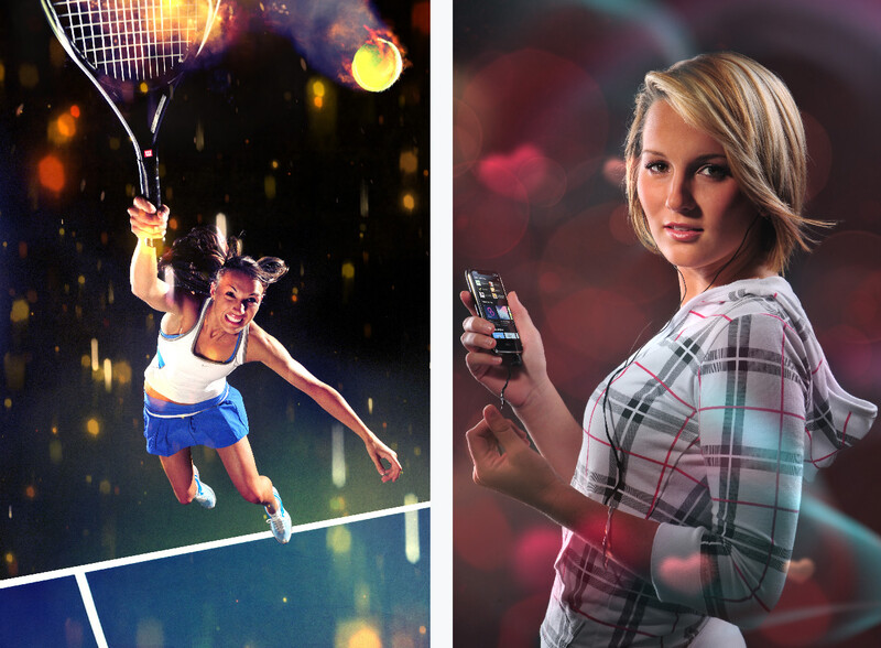 Split-screen composite showing a tennis player mid-serve on the left and a woman in plaid shirt on the right against colorful bokeh backgrounds.