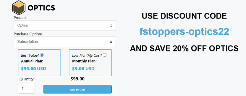Screenshot of Fstoppers Optics subscription pricing page with discount code offer.