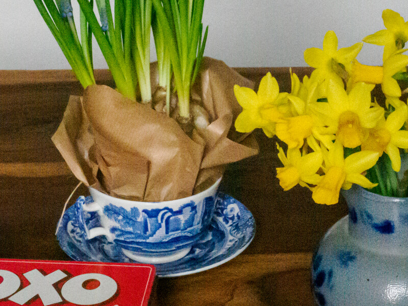 Spring flowers in decorative blue and white vessels arranged on a wooden surface.