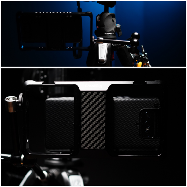 Professional lighting setup with softbox and reflector panels arranged around a central carbon fiber surface.