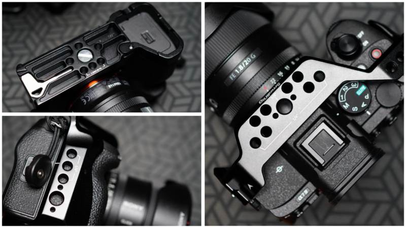 Professional camera rig with white top plate and lens mounted on textured surface.
