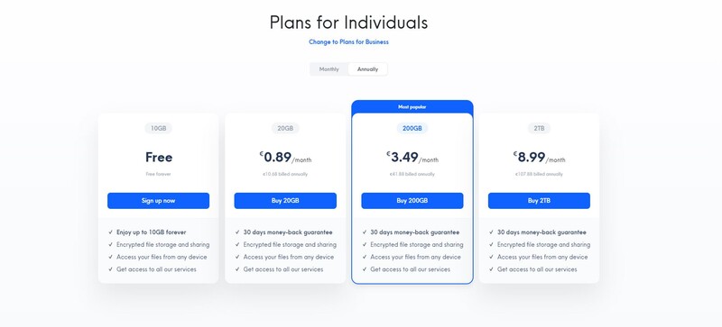 Screenshot of a cloud storage pricing page displaying four subscription plan tiers with monthly billing options.