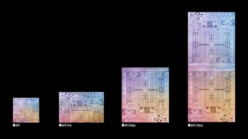 Comparison chart showing four Apple silicon chip designs side by side, increasing in complexity and size.
