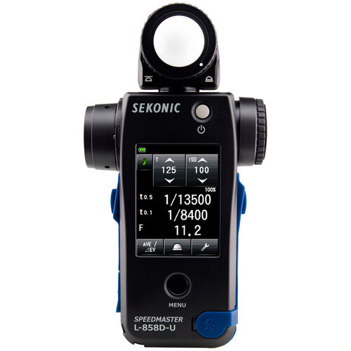 Sekonic L-858D-U light meter displaying exposure readings and shutter speed settings on its LCD screen.