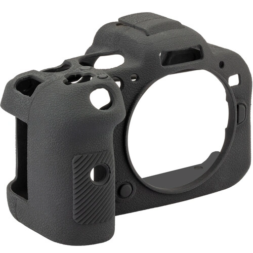 Black rubber camera cage with protective padding and mounting points.