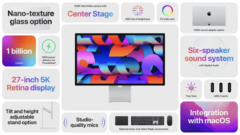 Product specification graphic for a 27-inch 5K display monitor with labeled features.