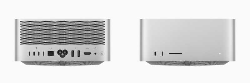 Front and rear views of two compact silver desktop computers with minimal port layouts.